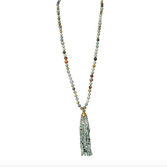 Kenneth Jay Lane Amazonite and Gold Beaded Tassel Necklace - Picture 1 of 1